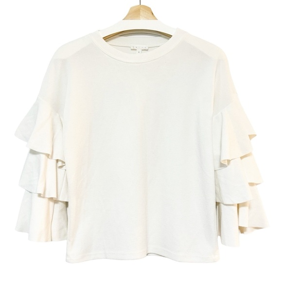 Anthropologie Leith White Knit Tiered Ruffle Sleeve Oversized‎ Top - Picture 2 of 8